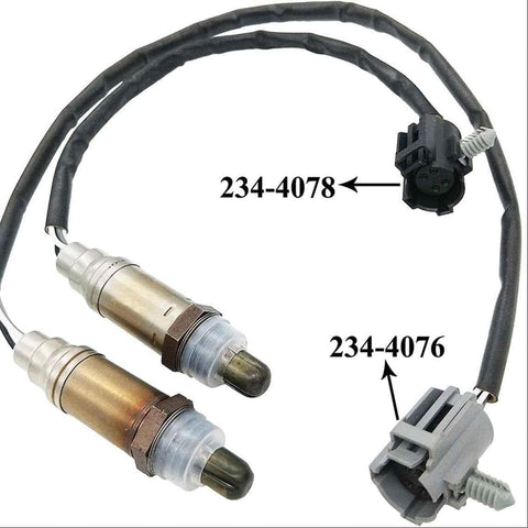 Pair of automotive oxygen sensors with black and gray connectors labeled 234-4078 and 234-4076