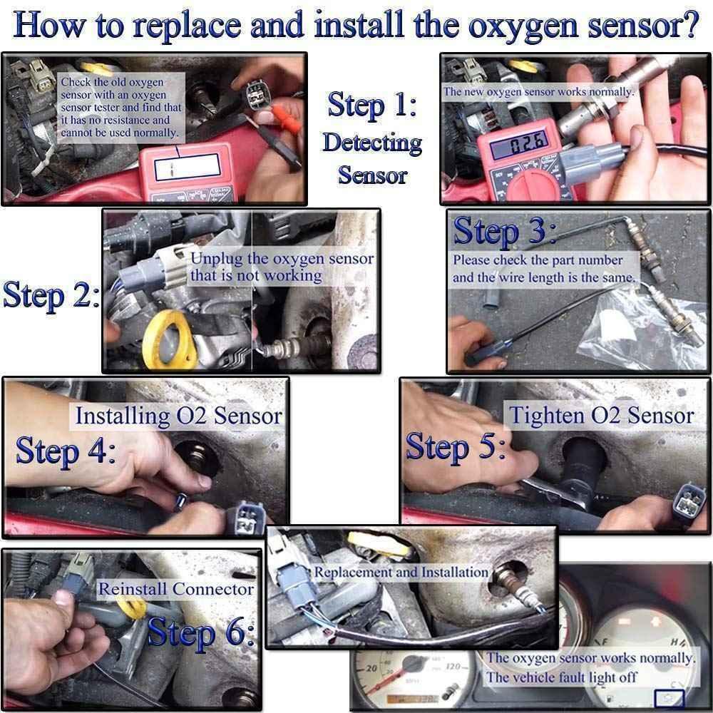 Step-by-step guide to replacing and installing an oxygen sensor with images of testing, unplugging, checking part number, installing, tightening, reconnecting, and confirming sensor function