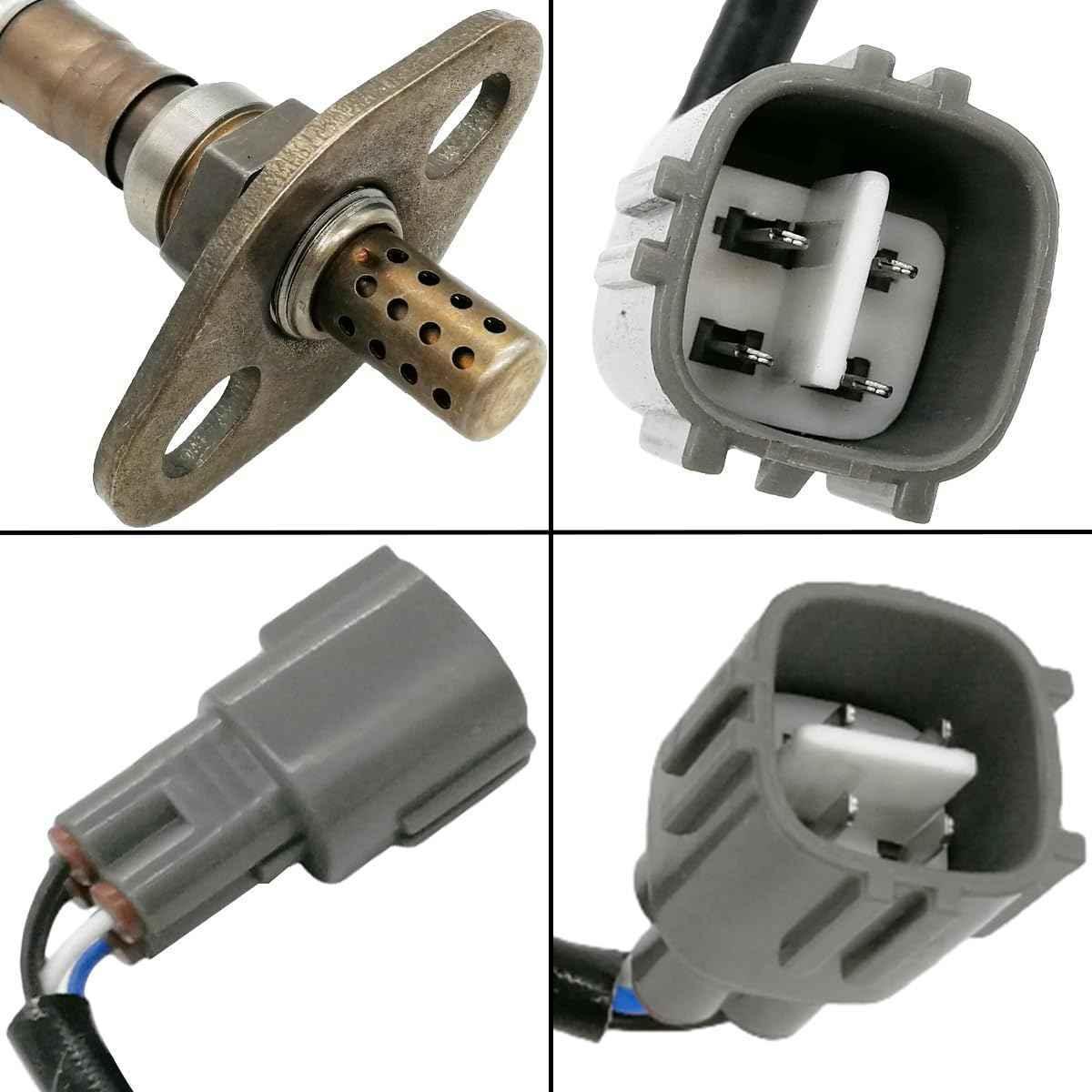 Close-up views of an OEM automotive oxygen sensor with metal sensor tip and gray electrical connector plug