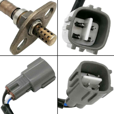 Close-up views of an OEM automotive oxygen sensor with metal sensor tip and gray electrical connector plug